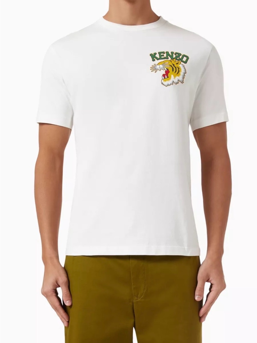 Kenzo Paris White Short-Sleeve Tee with Yellow & Green Tiger Patch Large